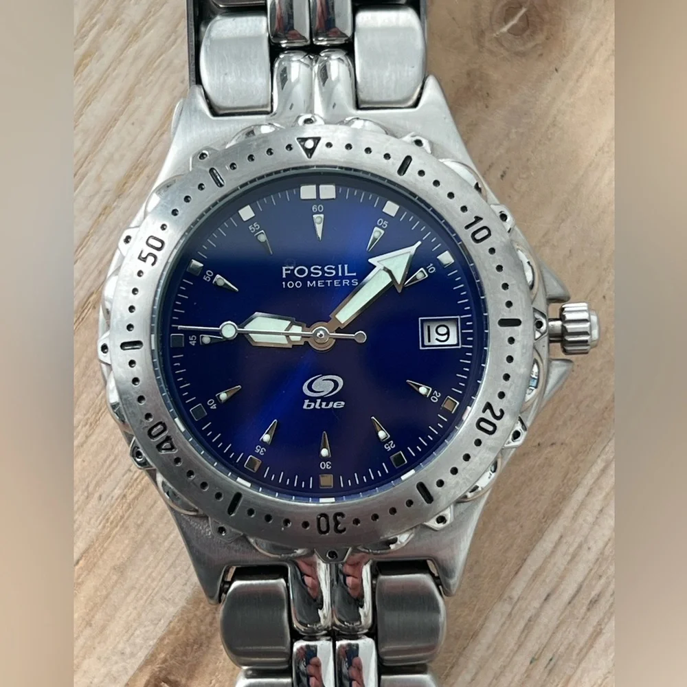 Fossil Blue Watch Stainless Weave Bracelet Dark Blue Dial Date Window